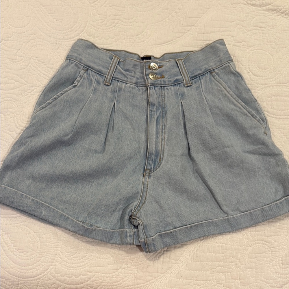 High Waist Blue Denim Shorts with Pleated Front